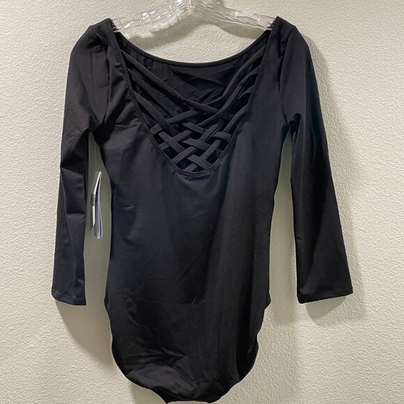 (NWT) DANSKIN Leotard 3/4 Sleeve Lattice Back, Black - L 12/14 - Picture 5 of 10